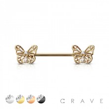 GOLD PVD 316L SURGICAL STEEL BUTTERFLY ENDS BARBELL NIPPLE BAR